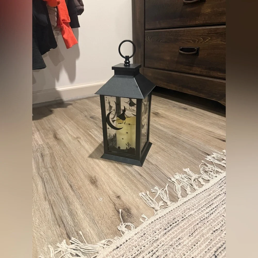Halloween Black Decorative Lantern with Moon, Stars, Witch - Battery Operated